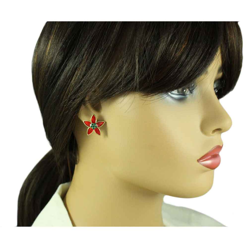 Red and Green Christmas Poinsettia Clip Earring - XE731C - Lilylin Designs