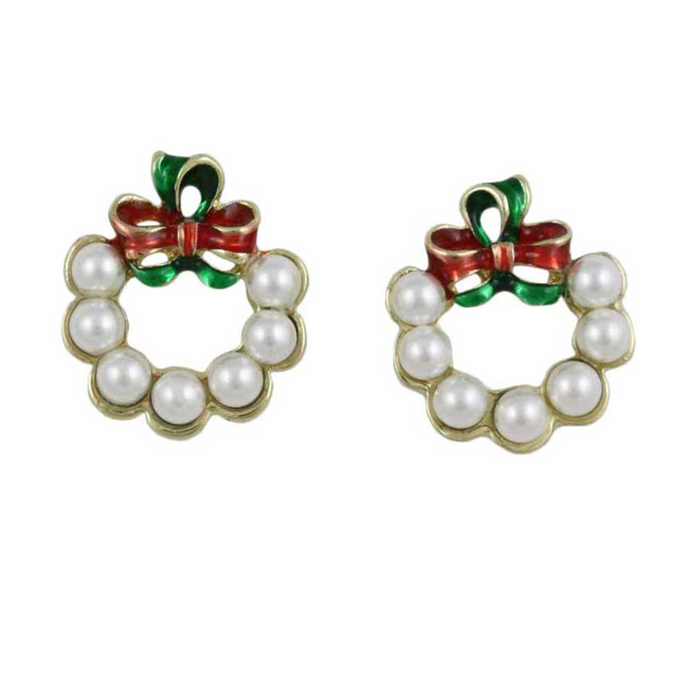 White Christmas Wreath Red and Green Bow Pierced Earring - XE813 - Lilylin Designs