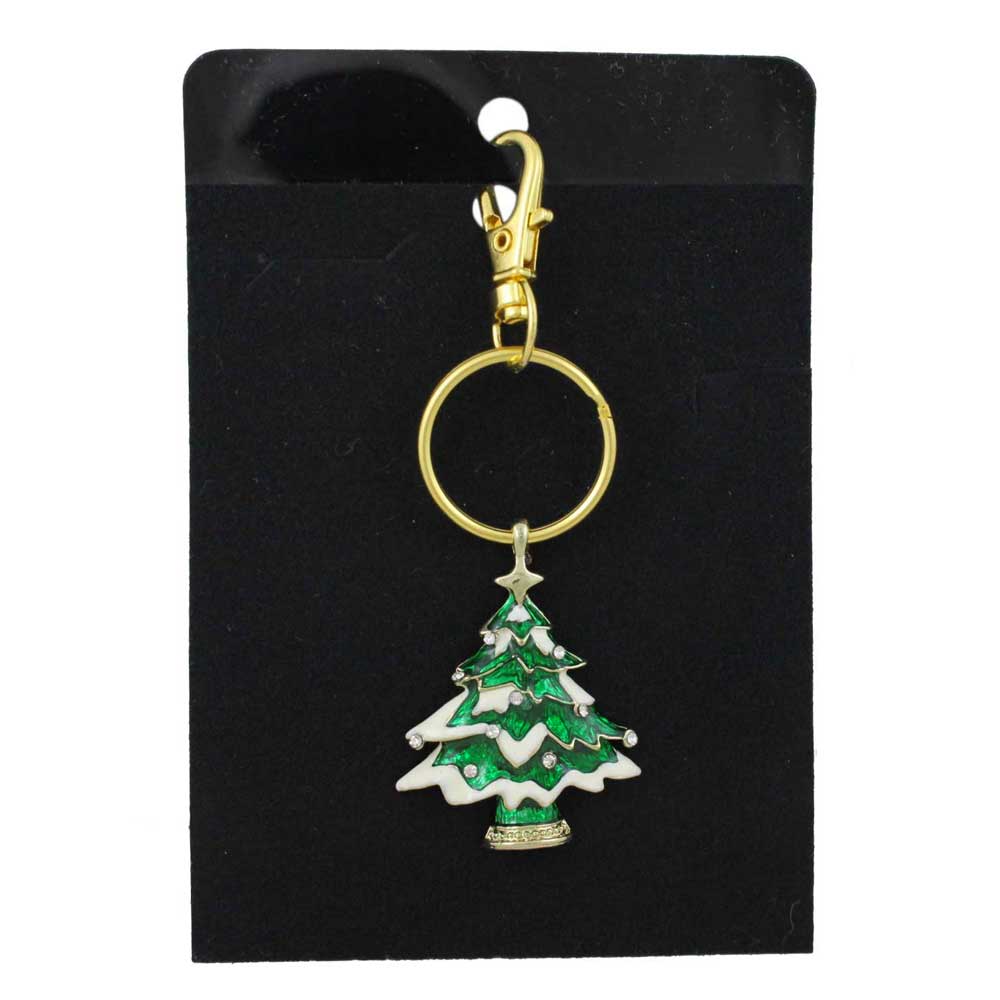 Green Christmas tree keychain with gold accents on a black card - Lilylin Designs