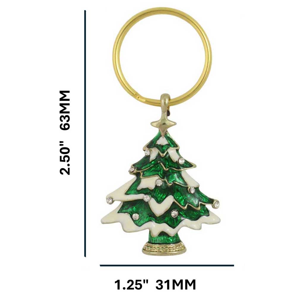 Green Christmas tree keychain with gold accents and measurements on a white background - Lilylin Designs