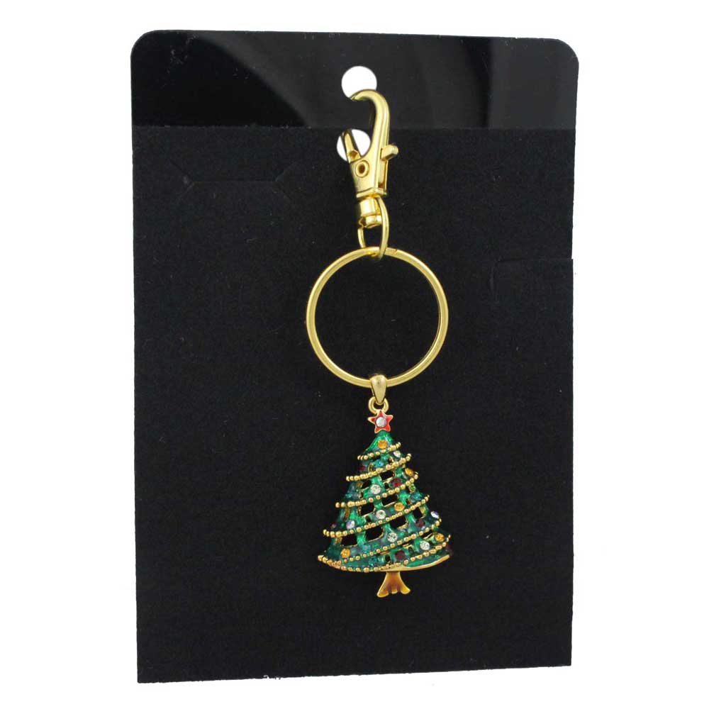 Gold keychain with a Christmas tree design on a black card - Lilylin Designs