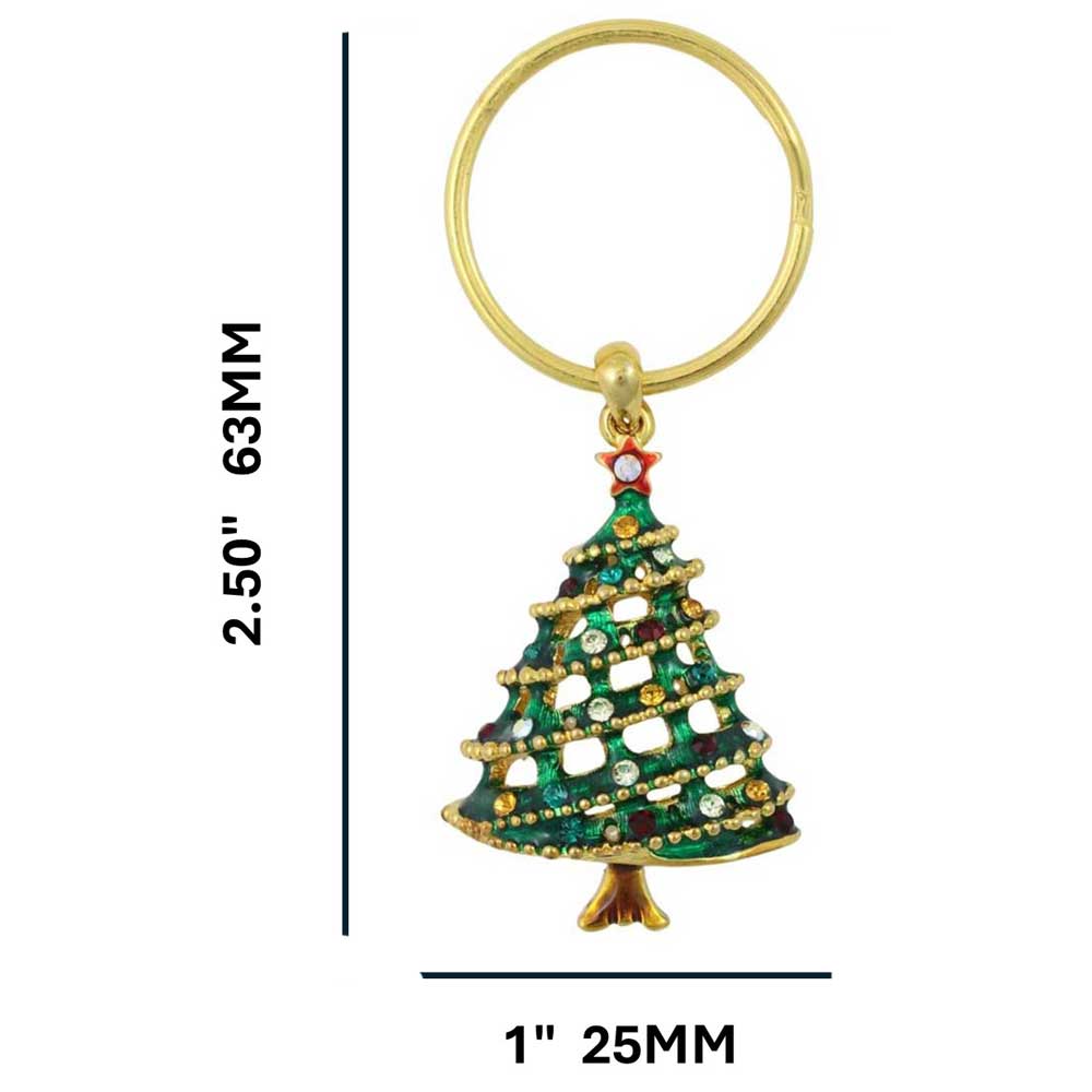 Gold keychain with a Christmas tree design, showing measurements on a white background - Lilylin Designs