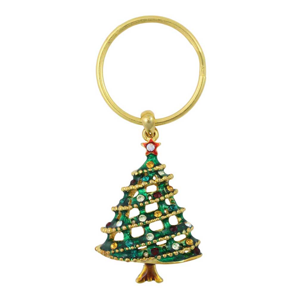 Gold keychain with a green Christmas tree design on a white background - Lilylin Designs