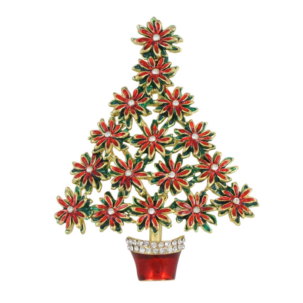 Red and Green Poinsettia Christmas Tree Brooch Pin - XN304P - Lilylin Designs