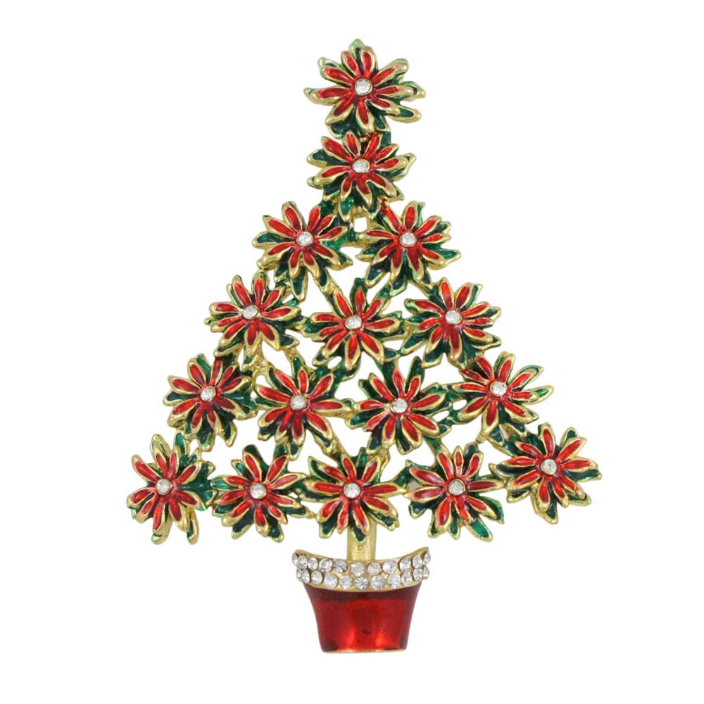 Lilylin Designs Red and Green Poinsettia Christmas Tree Brooch Pin