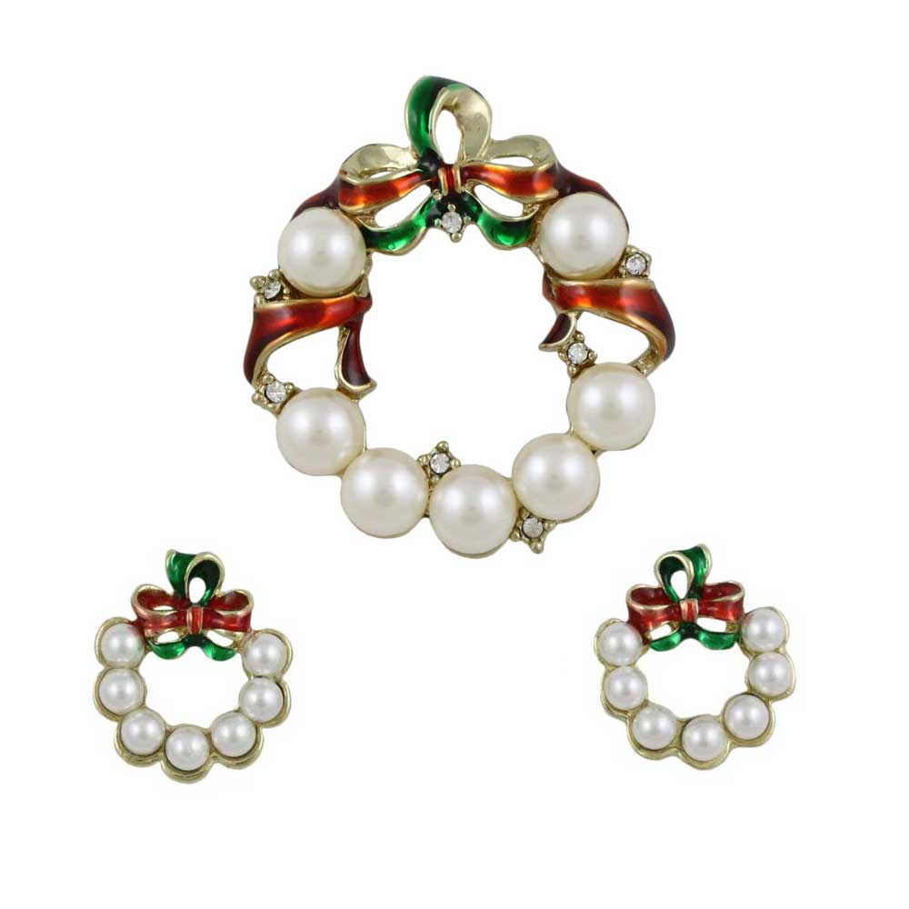 Lilylin Designs Pearl Christmas Wreath Brooch and Earring Set