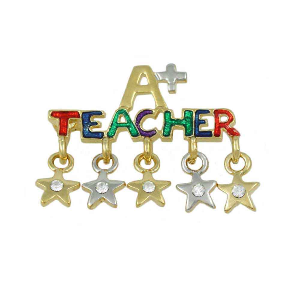 A+ Teacher with Dangling Crystal Star Charms Brooch Pin - XP126 - Lilylin Designs