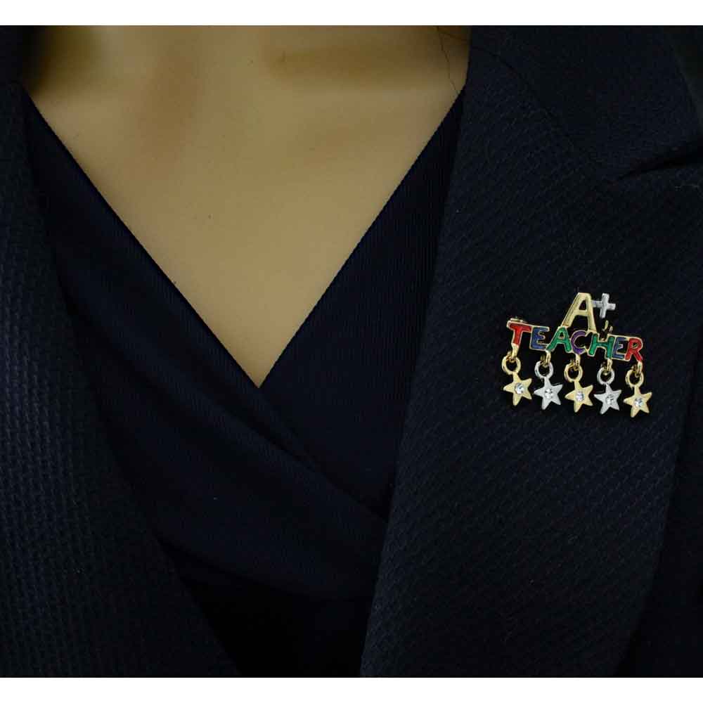 A+ Teacher with Dangling Crystal Star Charms Brooch Pin - XP126 - Lilylin Designs