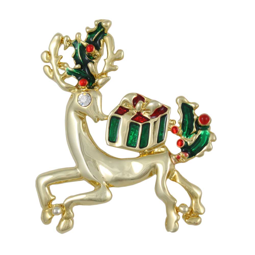Lilylin Designs Gold Reindeer with Christmas Presents Brooch Pin