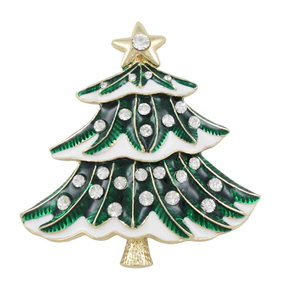 Green and White Crystal Christmas Tree Brooch Pin