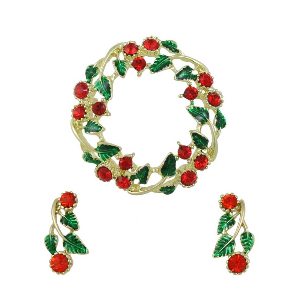 Crystal Holly Wreath Pin and Pierced or Clip Earring Set - XP621BS - Lilylin Designs