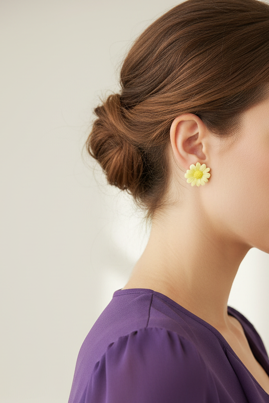 Model wearing yellow clay flower earring - Lilylin Designs