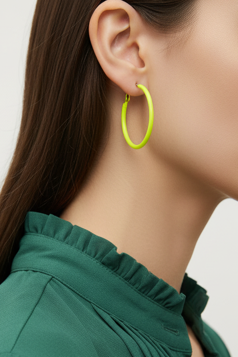 Model wearing yellow enamel skinny hoop earing - Lilylin Designs