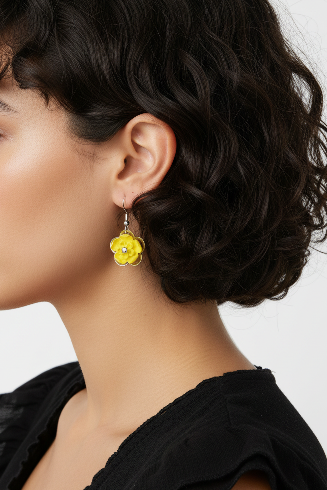 Model wearing yellow flower dangle earring - Lilylin Designs