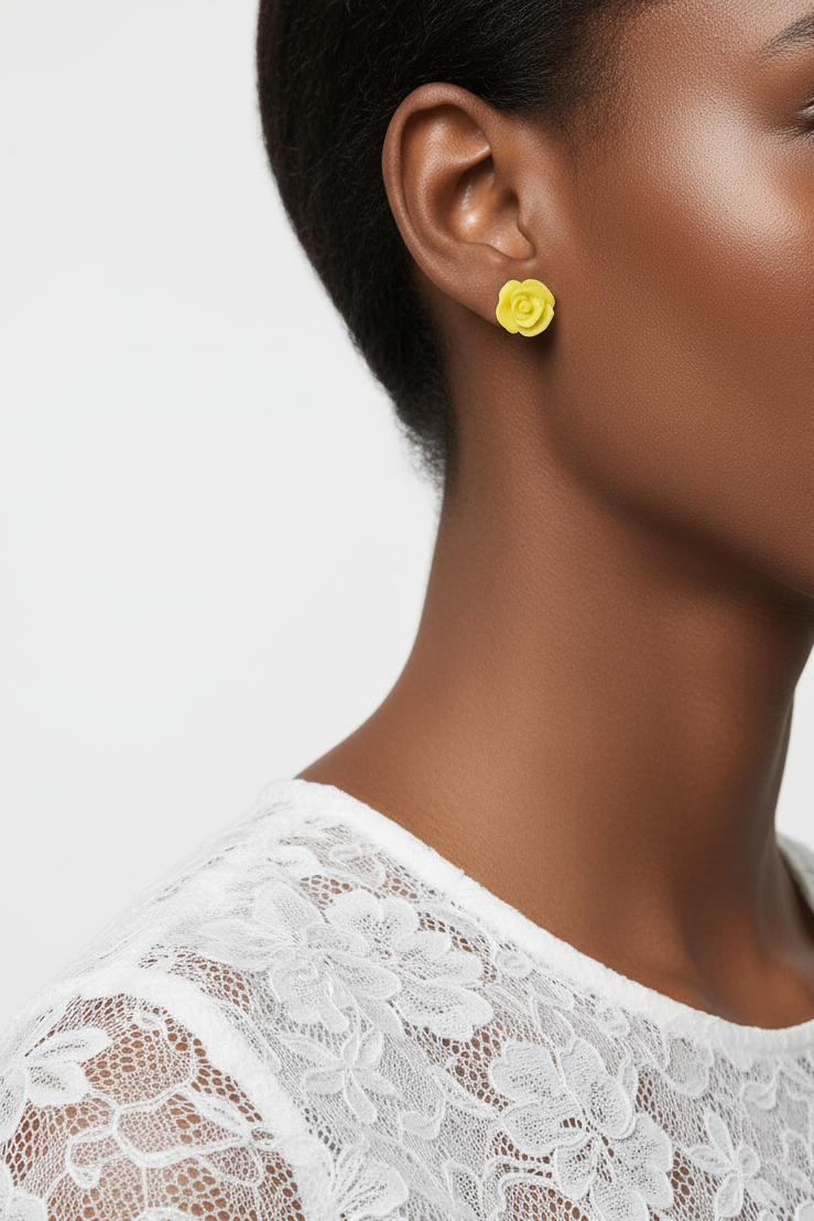 Model wearing yellow rose stud earring - Lilylin Designs