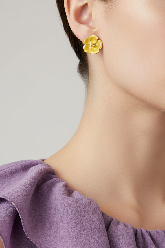 Model wearing yellow enamel flower stud earring - Lilylin Designs