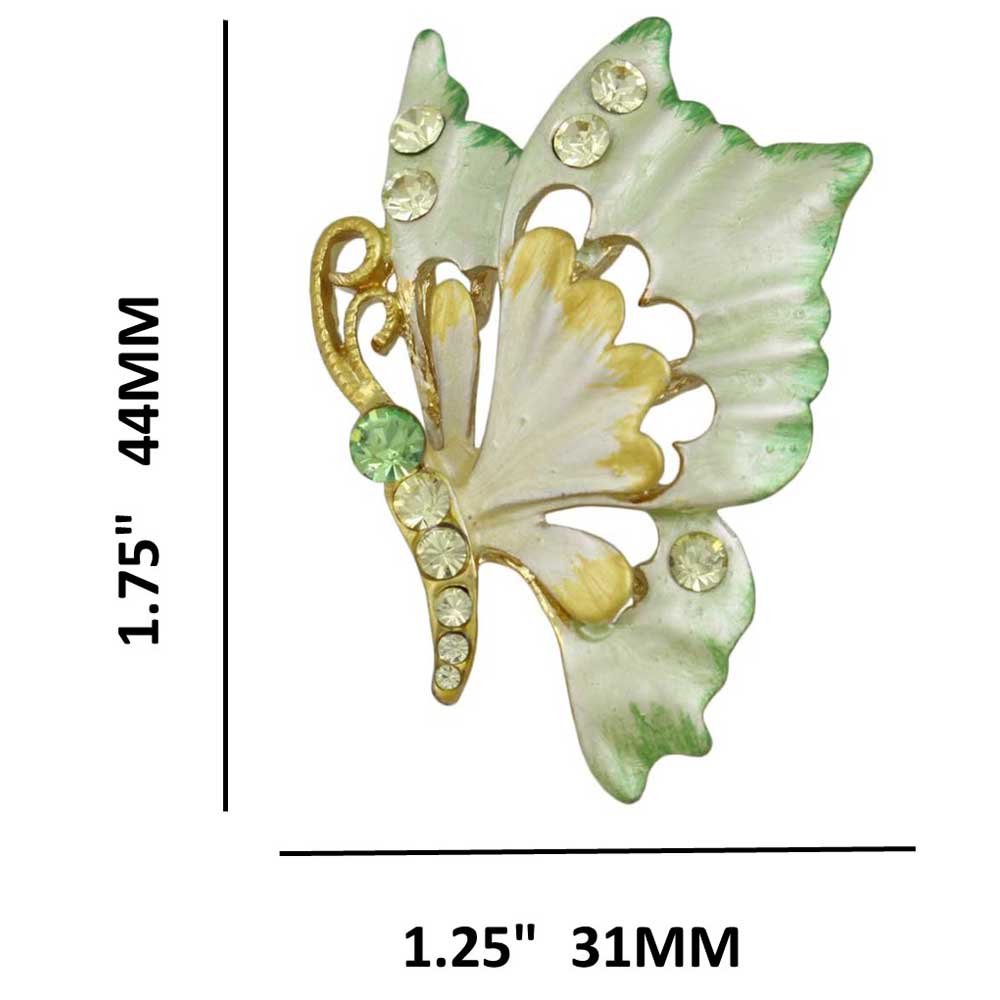 Yellow and Green Crystal Profile Butterfly Brooch Pin shown with measurements - Lilylin Designs