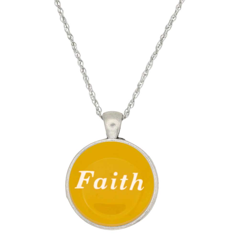 A silver chain necklace with a round pendant featuring a bright yellow center and the word 'Faith' written in white script, shown against a plain white background - Lilylin Designs