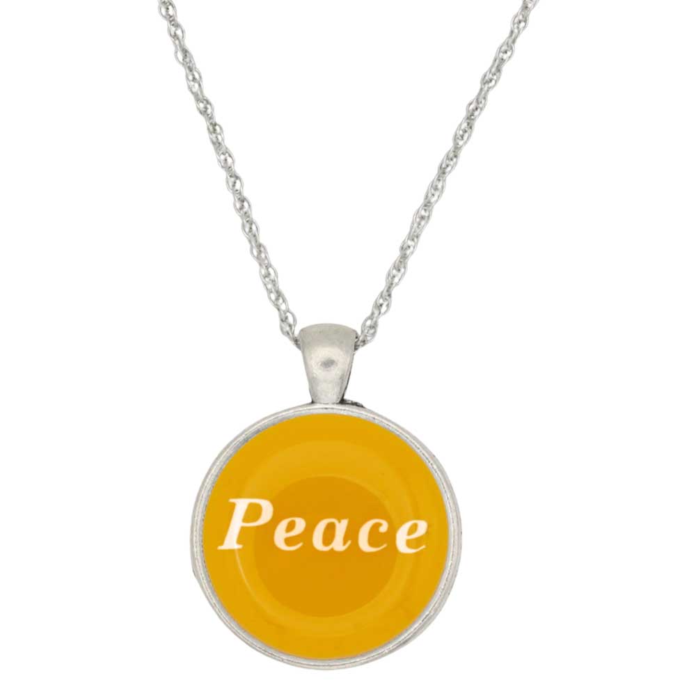 A silver chain necklace with a round pendant featuring a bright yellow center with the word 'Peace' written in white script, set against a plain white background - Lilylin Designs