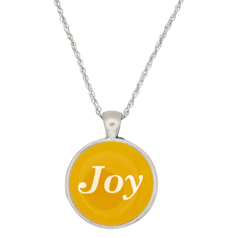 A silver chain necklace with a round pendant featuring a bright yellow face and the word 'Joy' written in white script, set against a plain white background. - Lilylin Designs