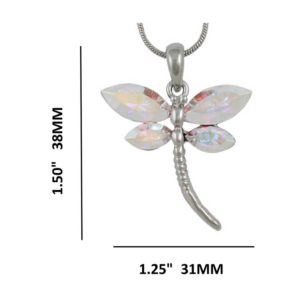 Aurora Borealis Crystal Dragonfly Pendant with Chain with measurements - Lilylin Designs