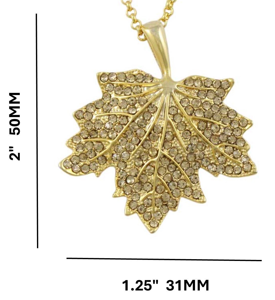 Light Topaz Crystal Maple Leaf Pendant on Gold Chain with measurements - Lilylin Designs