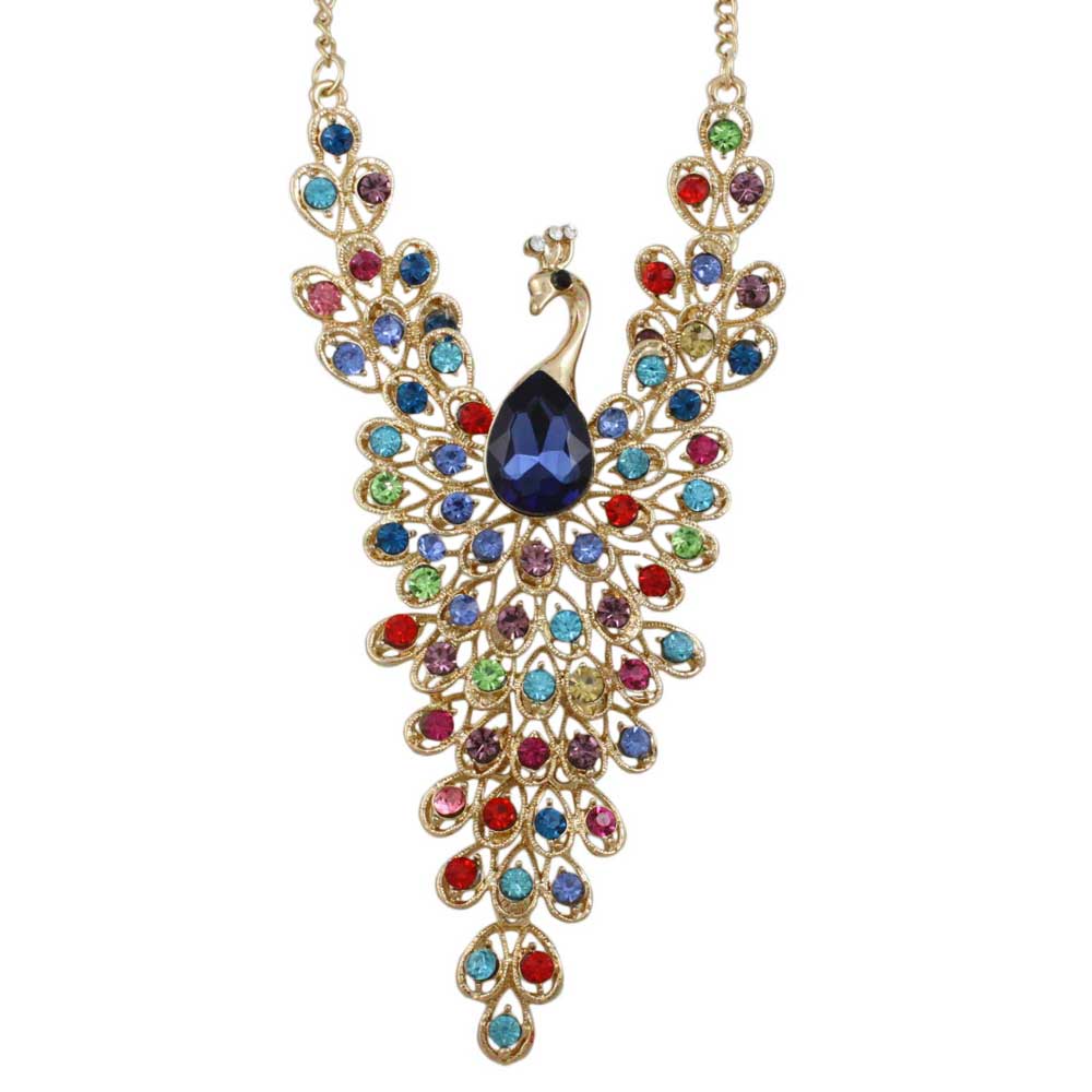Multi-color Crystal Peacock with Large Blue Crystal Necklace - Lilylin Designs