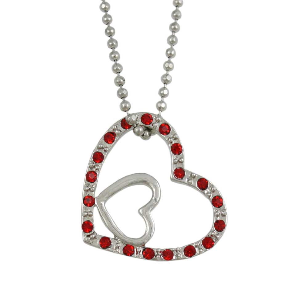 Red Crystal Double Heart Pendant on Silver Ball Chain - Lilylin Designs