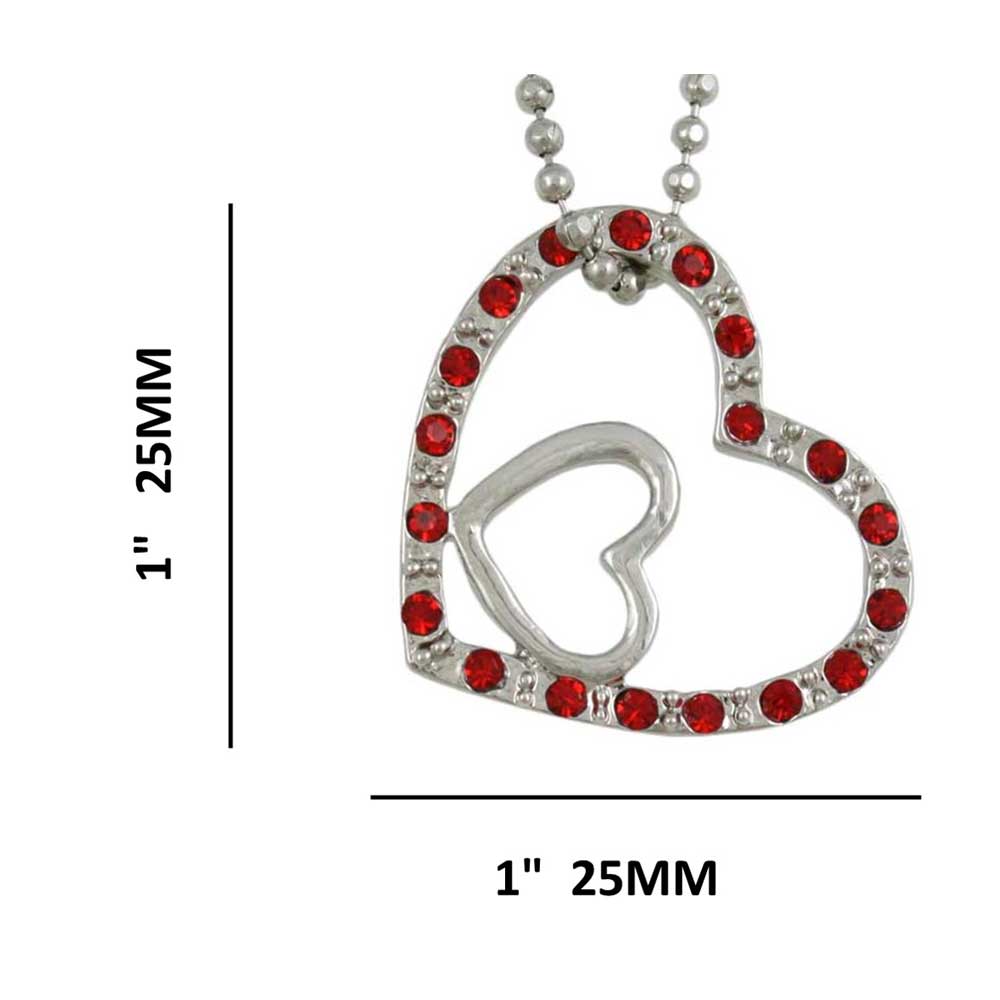 Red Crystal Double Heart Pendant on Silver Ball Chain shown with measurements - Lilylin Designs