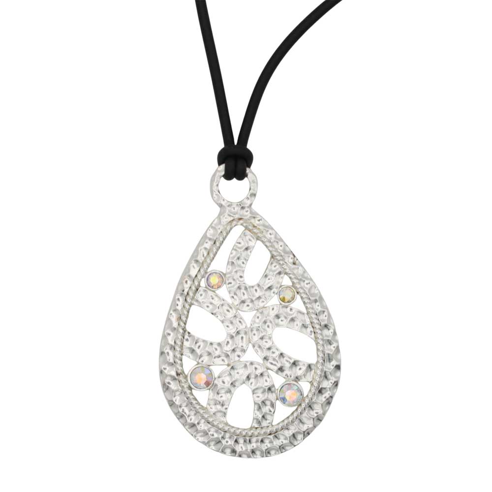 Hammered filigree teardrop necklace with AB crystals on a rubber cord - Lilylin Designs