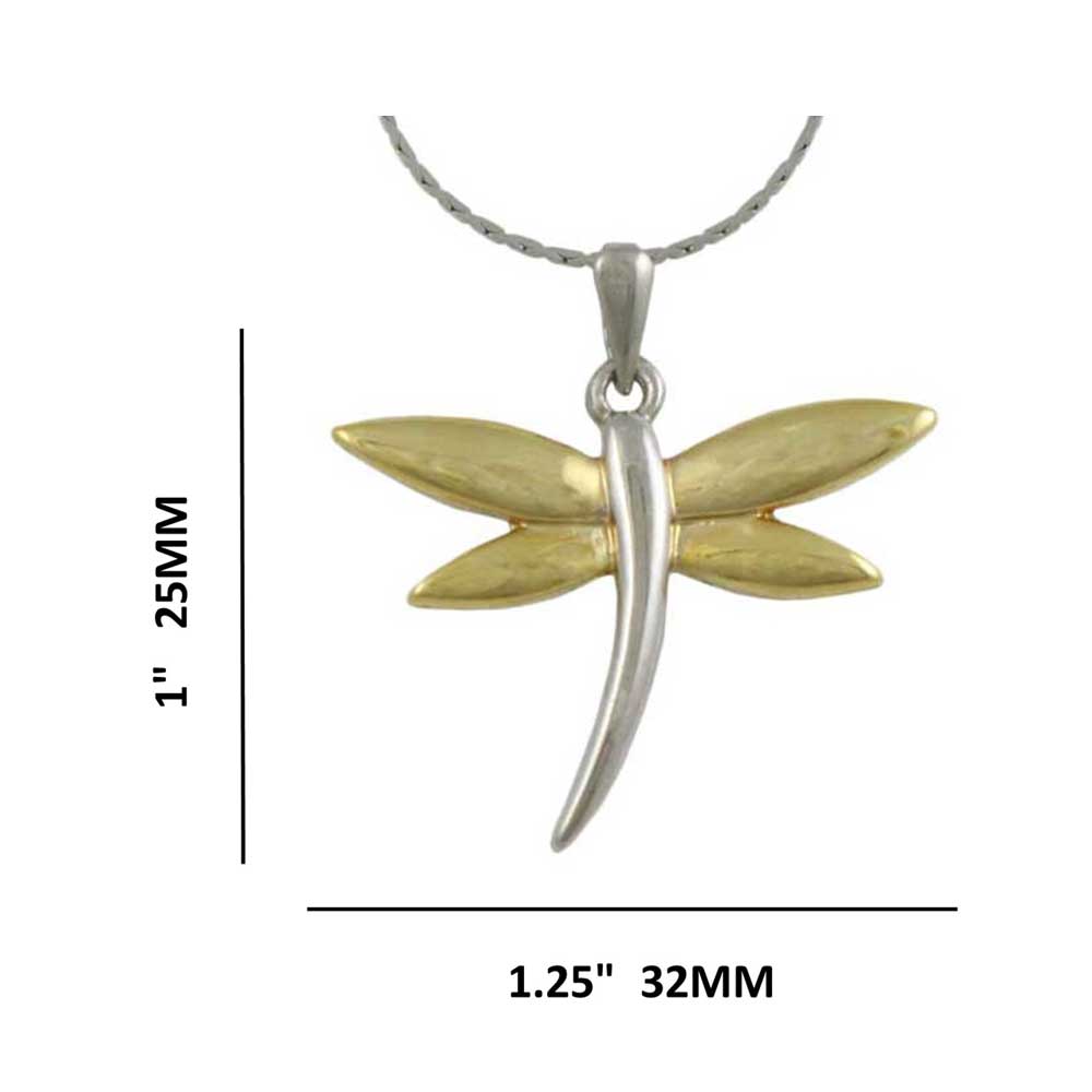 Gold and Silver Dragonfly Pendant with Silver Chain with measurements - Lilylin Designs