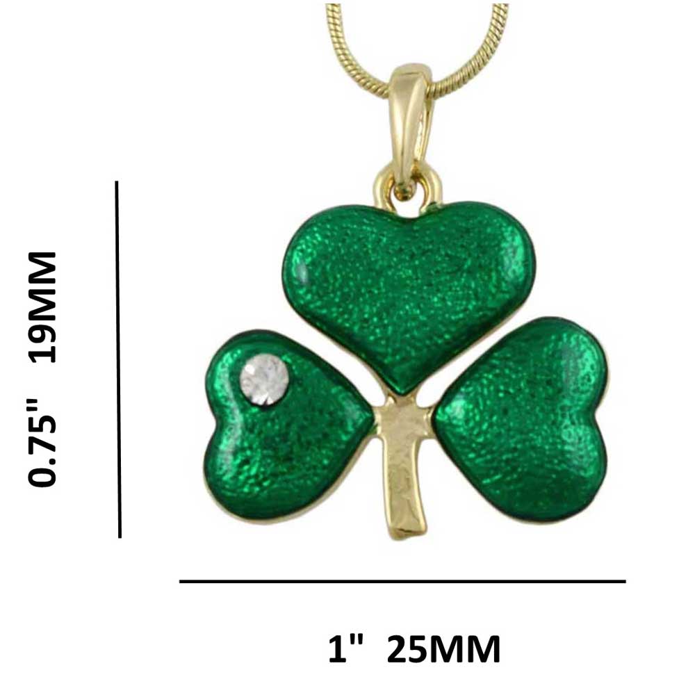 Green Enamel and Crystal Shamrock Clover Necklace with measurements - Lilylin Designs