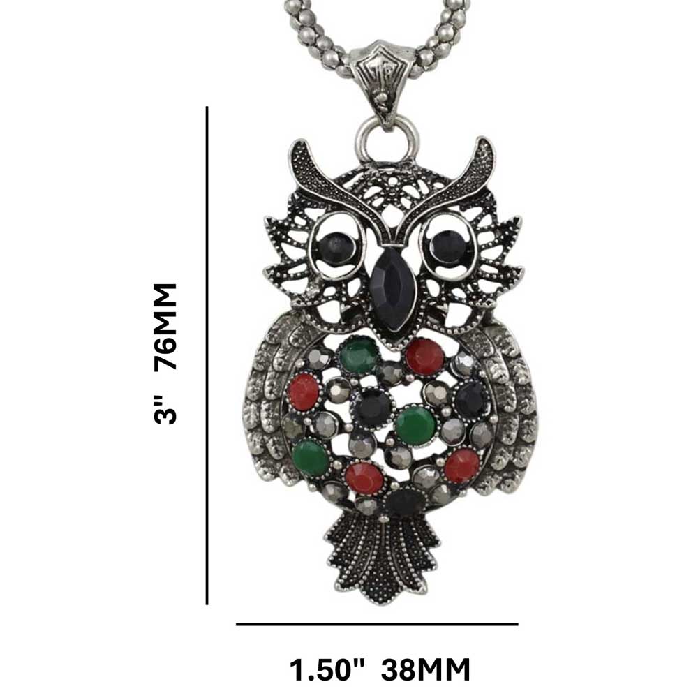 Large Black Owl Pendant on Antique Silver Chain with measurements - Lilylin Designs