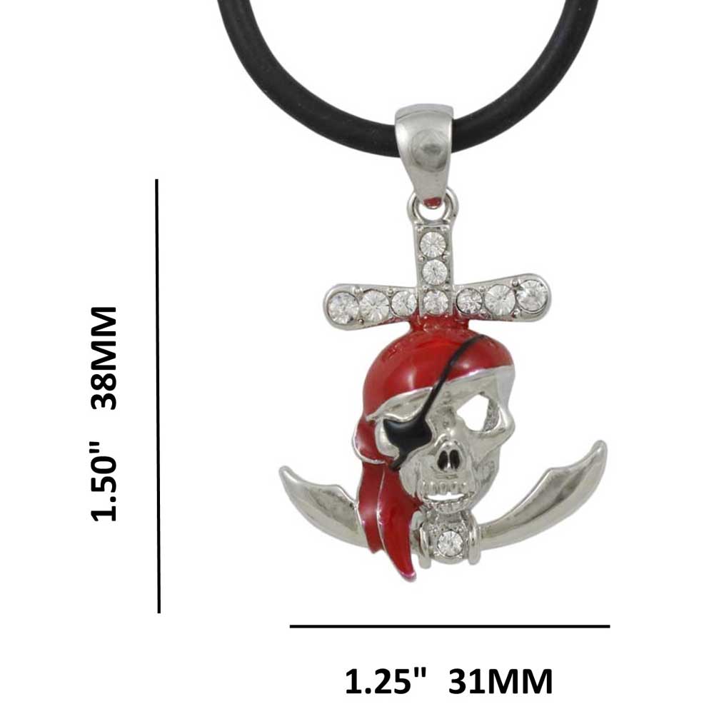 Red Pirate Skull Pendant on Black Rubber Cord with measurements - Lilylin Designs