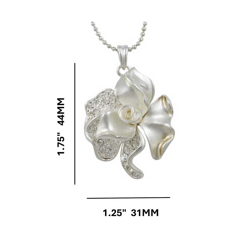 Frosted Silver Crystal Rose Rose Pendant on Chain shown with measurements - Lilylin Designs