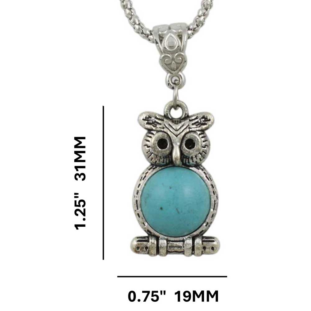 Turquoise Owl Pendant on Antique Silver Chain shown with measurements - Lilylin Designs