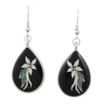 Teardrop-shaped earrings with black background and white floral design - Lilylin Designs