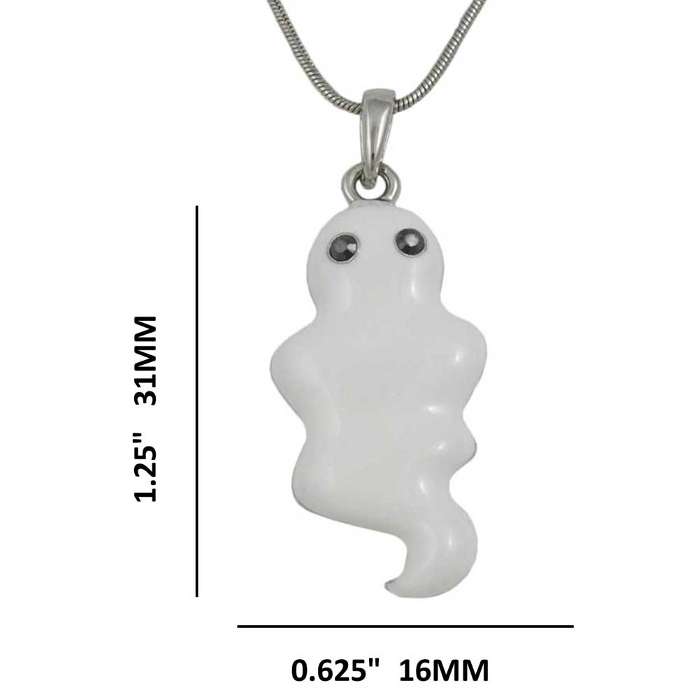 White Enamel Ghost Pendant with Silver  Chain with measurements - Lilylin Designs