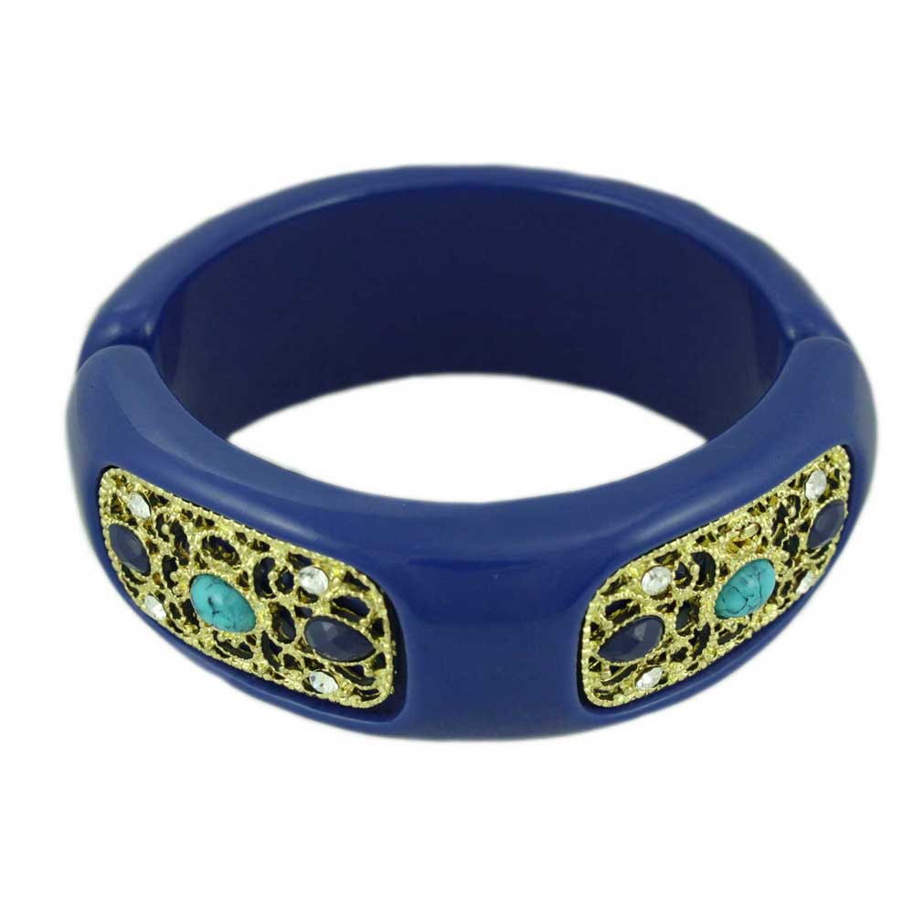 Lilylin Designs Dark Blue Acrylic with Gold Filigree Hinged Bangle