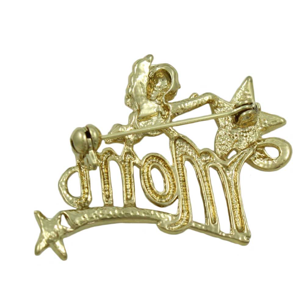 Back view of Gold MOM Cherub and Crystal Shooting Star Brooch Pin - Lilylin Designs