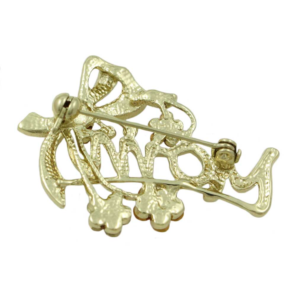 Back view of Gold with Pink Crystal Flowers and Bow MOM Brooch Pin - Lilylin Designs