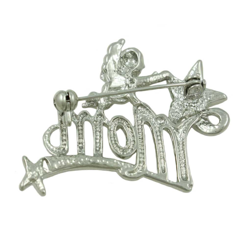Back view of Silver MOM Cherub and Crystal Shooting Star Brooch Pin - Lilylin Designs