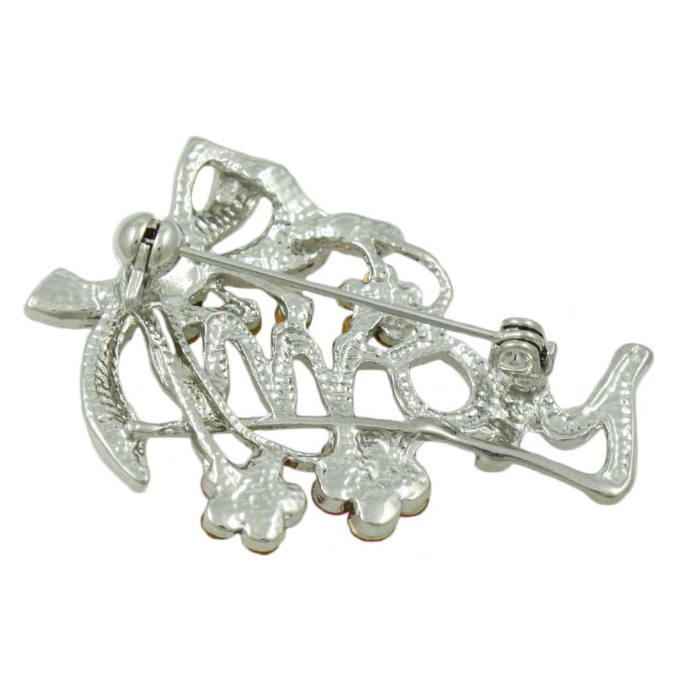 Back view of Silver with Pink Crystal Flowers and Bow MOM Brooch Pin -  Lilylin Designs