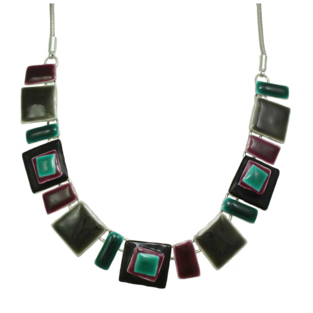 Dark Brown, Teal and Purple Enamel Squares Necklace - Lilylin Designs