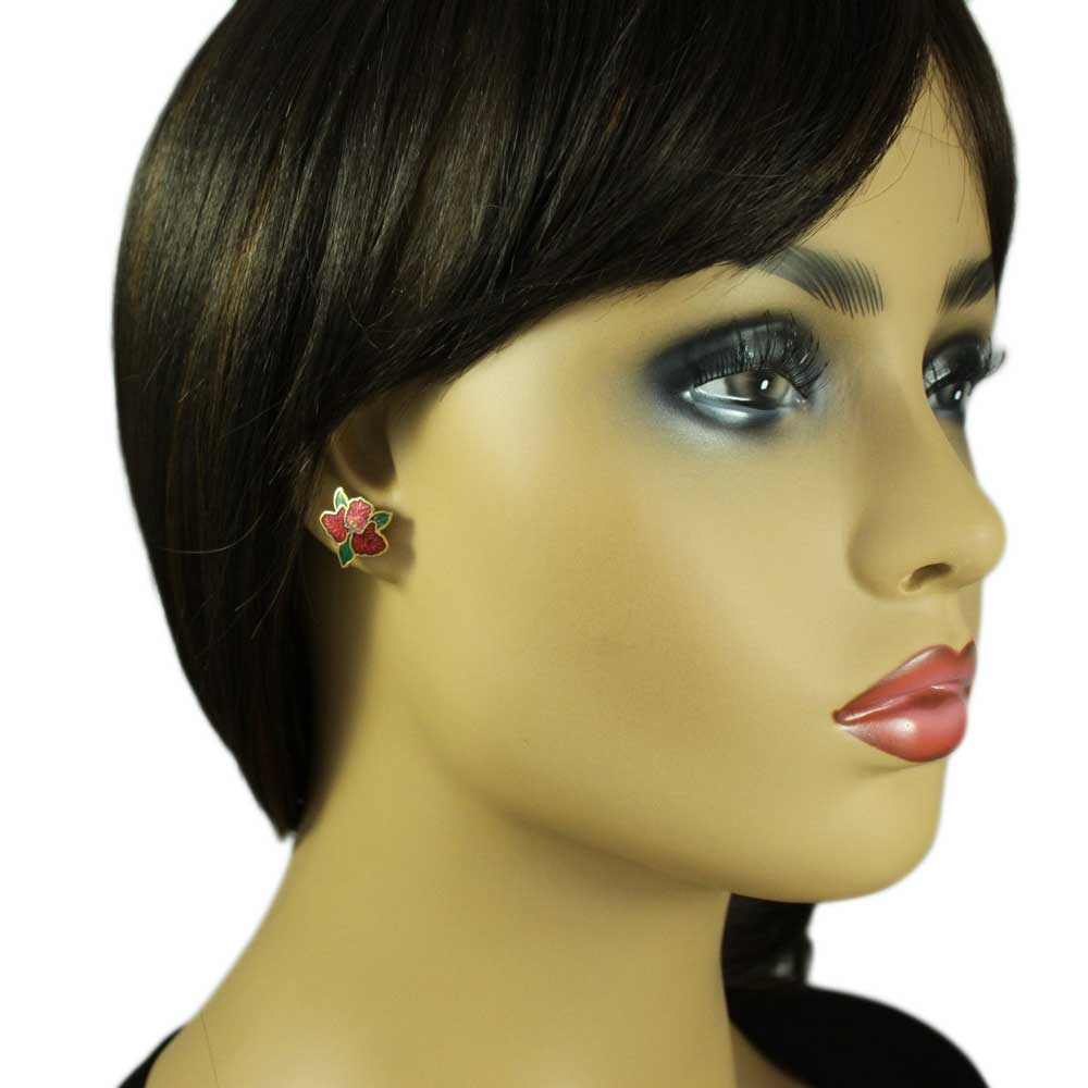 Red Orchid with Green Leaves Cloisonne Pierced Earring - CE113 - Lilylin Designs