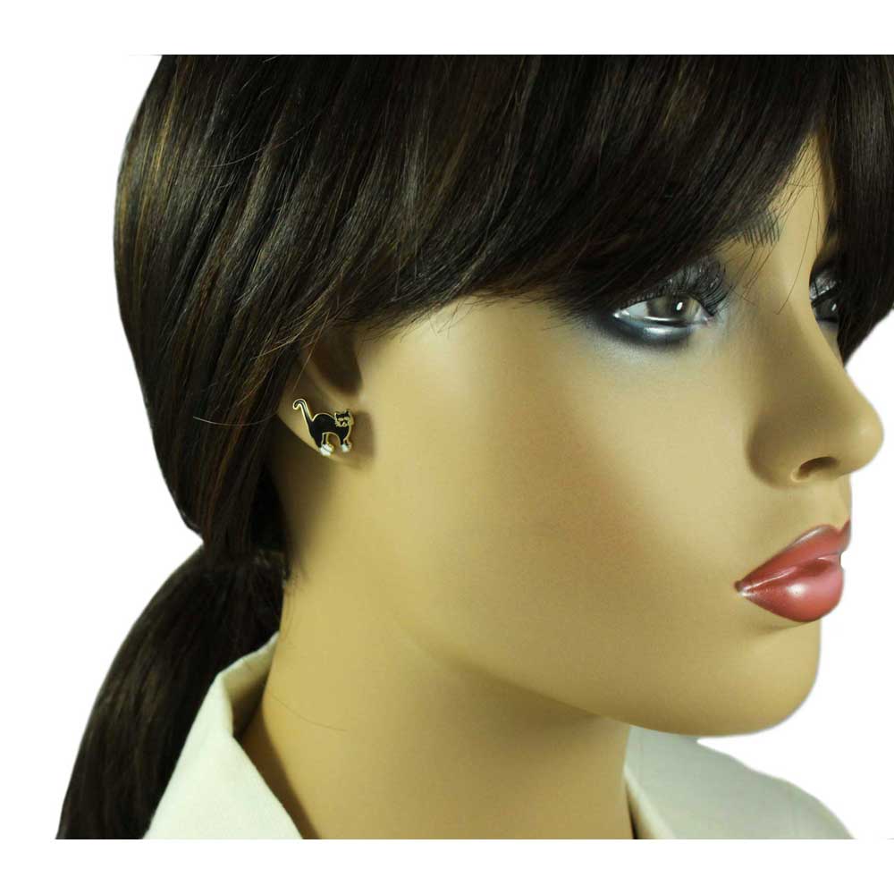 Cloisonne Black and White Scaredy Cat Pierced Earring - CE11PBK - Lilylin Designs