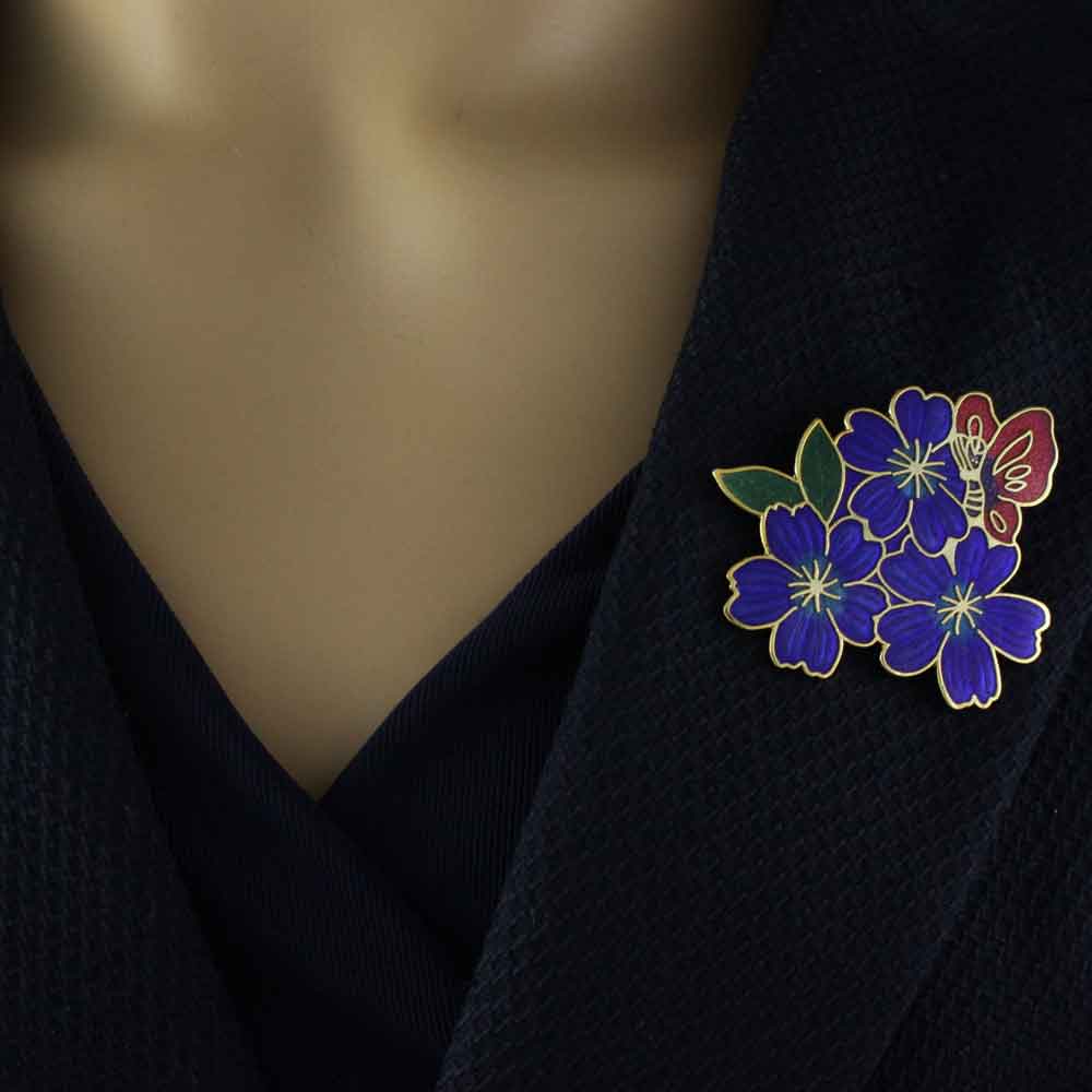 Blue Cloisonne Flowers with Red Butterfly Brooch Pin - CP362BL - Lilylin Designs