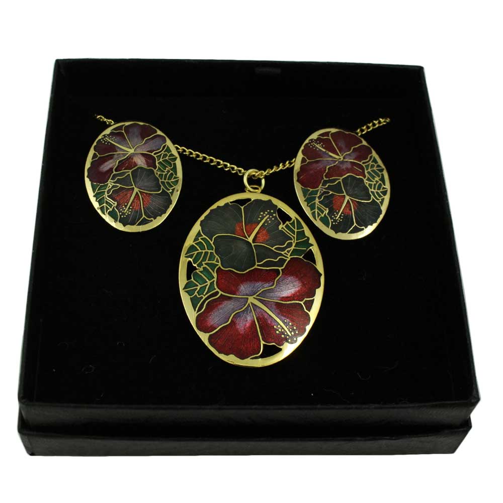 Red and Gray Hibiscus Cloisonne Necklace and Earring Set - CP90NBS - Lilylin Designs
