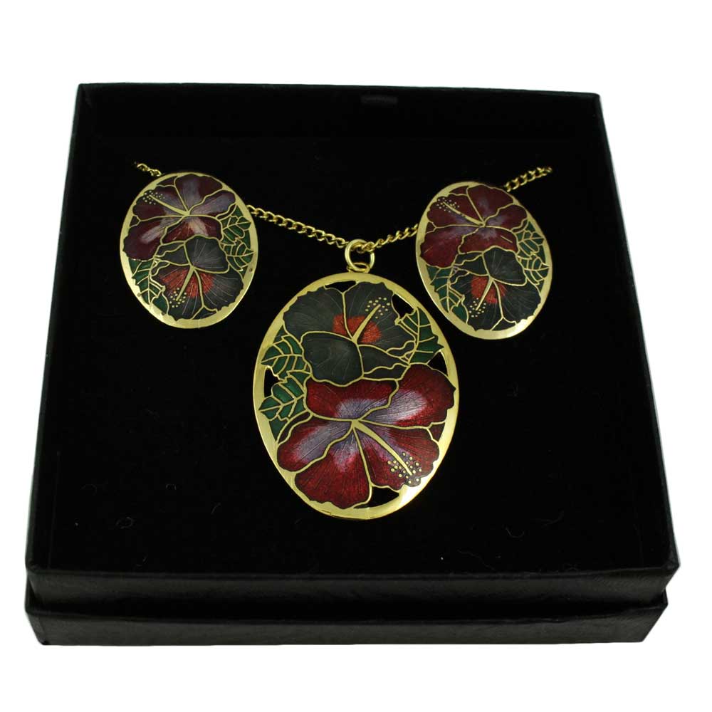 Lilylin Designs Red and Gray Hibiscus Cloisonne Necklace Earring Set