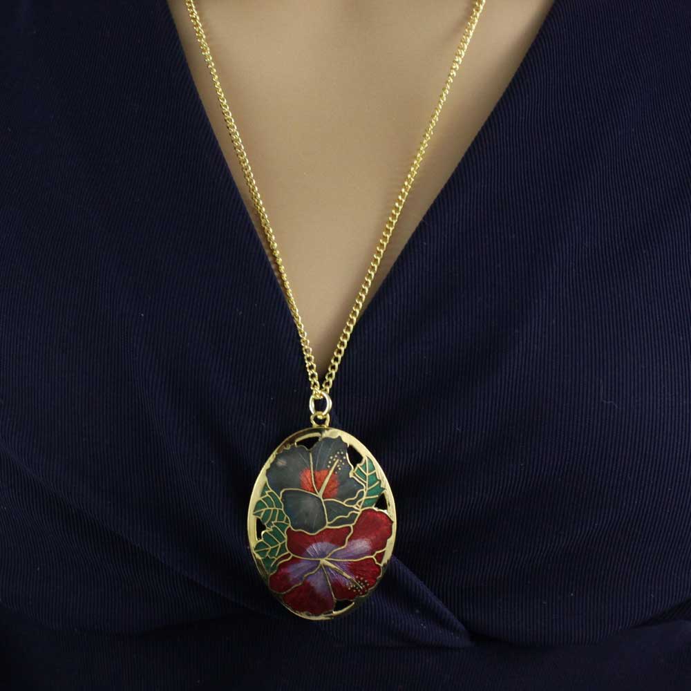 Red and Gray Hibiscus Cloisonne Pendant on Gold Chain - CP90NRD - Lilylin Designs